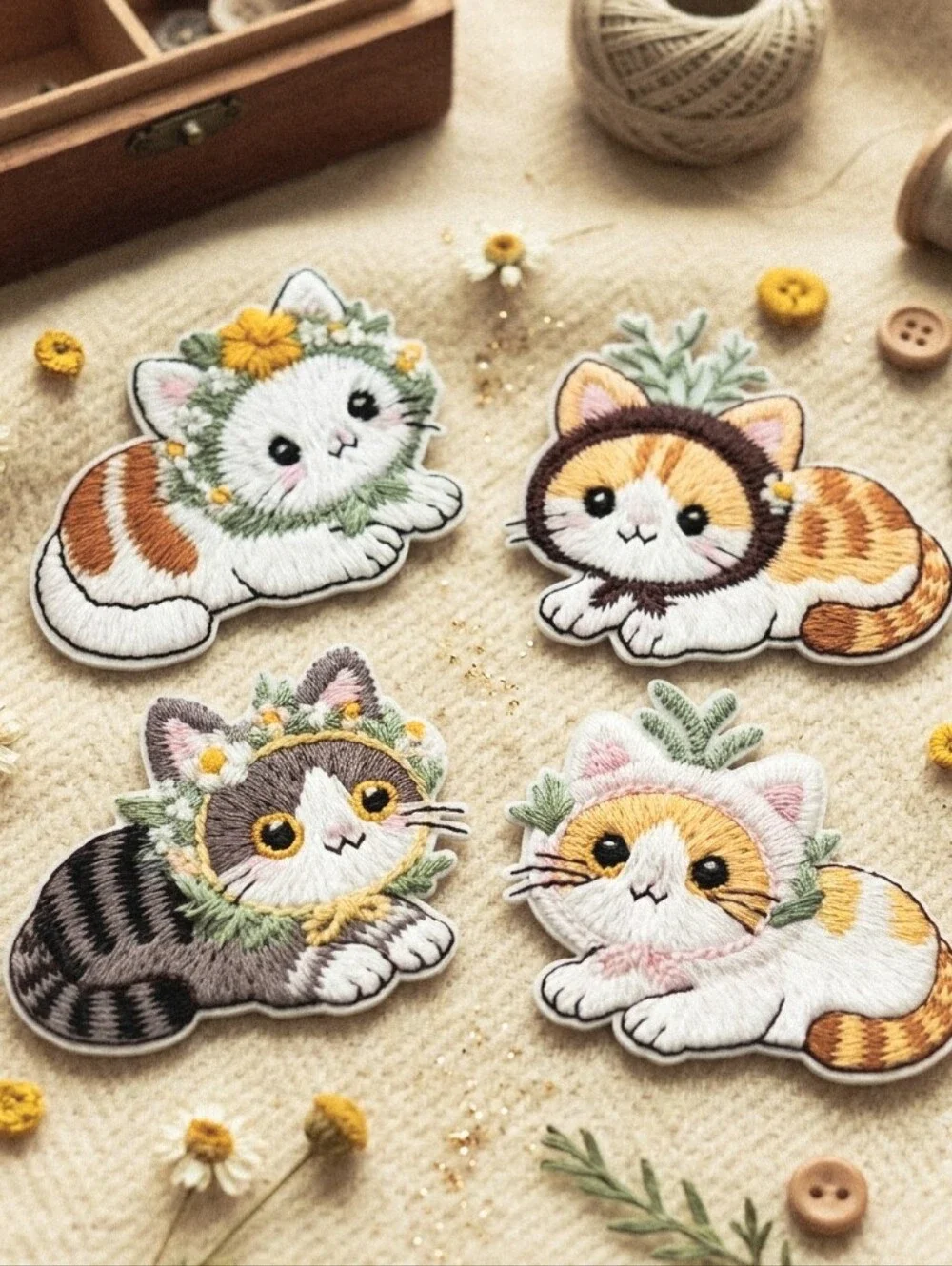 Crown Floral Kitty Patch Set in White, Gray, Brown & Pink Accents